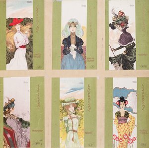 Selección de postales con representaciones alegóricas de perfumes de Raphael Kirchner